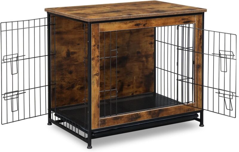 Dog Crate Furniture with Cushion, Wooden Dog Crate Table, Double Doors Dog Furniture, Indoor Dog Kennel, Dog House, Dog Cage, Rustic Brown