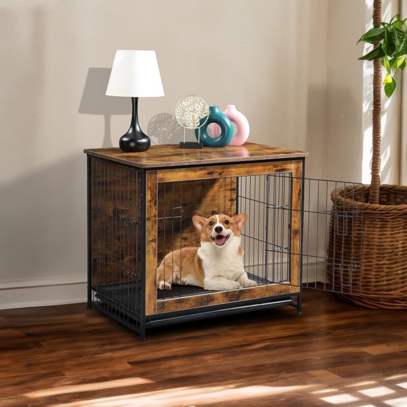 Dog Crate Furniture with Cushion, Wooden Dog Crate Table, Double Doors Dog Furniture, Indoor Dog Kennel, Dog House, Dog Cage, Rustic Brown - Image 7