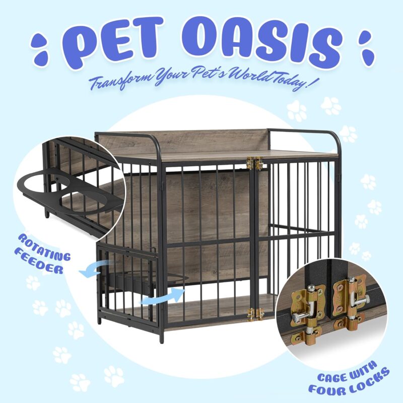 39'' Indoor Metal Dog Crate with Double Doors, Wooden Side End Table Crate, Dog Crate Furniture with Adjustable Feeder Stand, for Medium Dog, Gray - Image 7