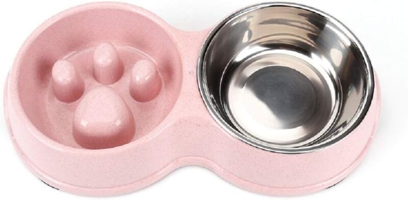 Slow Feeder Dog cat Double Bowl Stainless Steel and Anti-Choking Pink