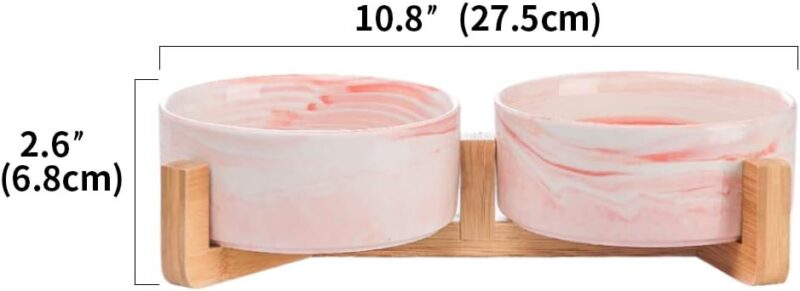 Marble Pink Ceramic Cat Dog Bowl Dish with Wood Stand No Spill Pet Food Water Feeder Cats Small Dogs Set of 2 - Image 2