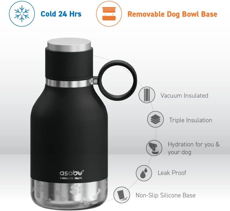 Asobu Dog Bowl Attached to Stainless Steel Insulated Travel Bottle for Human 33 Ounce (Black) - Image 2