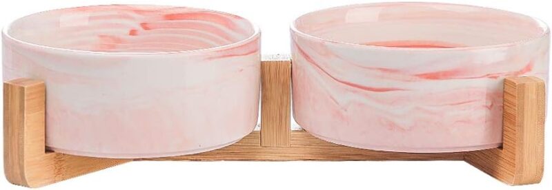 Marble Pink Ceramic Cat Dog Bowl Dish with Wood Stand No Spill Pet Food Water Feeder Cats Small Dogs Set of 2