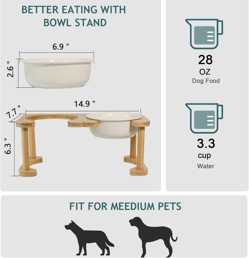 Elevated Ceramic Dog Bowls, Porcelain Raised Dog Bowl with Anti-Slip Stand, Pet Feeding Dishes for Medium Sized Dogs, Pet Feeder Bowl Set for Food and Water (6.3" Tall-28oz-Cream White) - Image 4