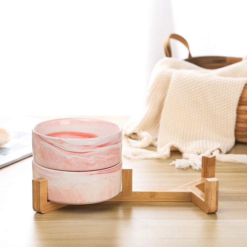 Marble Pink Ceramic Cat Dog Bowl Dish with Wood Stand No Spill Pet Food Water Feeder Cats Small Dogs Set of 2 - Image 3