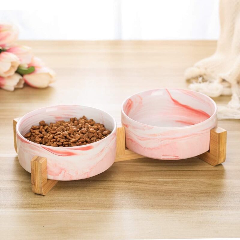 Marble Pink Ceramic Cat Dog Bowl Dish with Wood Stand No Spill Pet Food Water Feeder Cats Small Dogs Set of 2 - Image 5