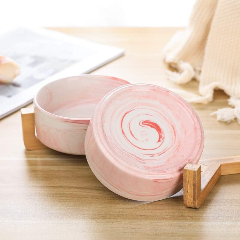 Marble Pink Ceramic Cat Dog Bowl Dish with Wood Stand No Spill Pet Food Water Feeder Cats Small Dogs Set of 2 - Image 6