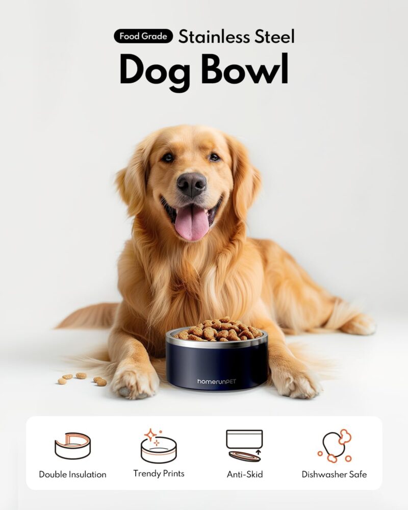 Dog Bowl, HomeRunPet Dog Food Water Bowl with Non-Slip Rubber Base, Metal Insulated Stainless Steel Dog Bowls, Double Wall Dog Bowl for Small Medium Large Dogs, Durable, Dishwasher Safe, 32oz - Image 2