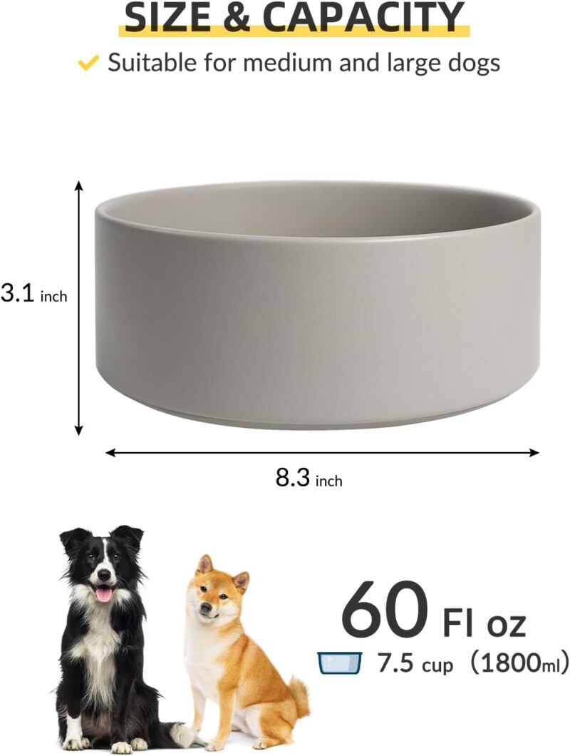 Non-Slip Ceramic Dog Bowls for Small Medium Large Dogs, Dog Feeding Bowl & Big Water Bowl, Heavy Basic Ceramic Dog Food Bowl, Durable Modern Dog Dishes for All Breeds, 60oz / 7.5 Cup, Gray - Image 2