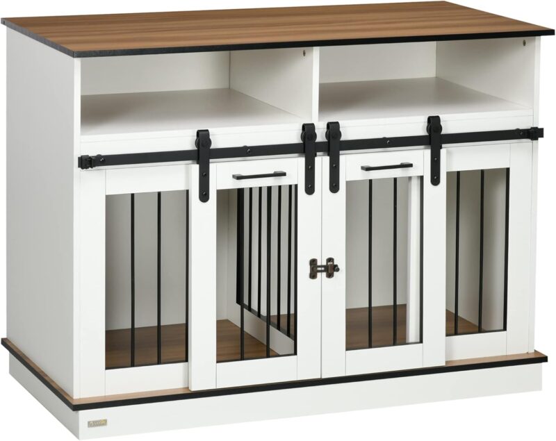 Kaimei Double Dog Crate Furniture with Divider - Pet Crate Table with Sliding Doors & Shelves for Large or Small Dogs - Modern White