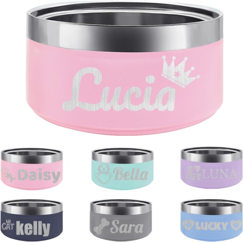 Personalized Stainless Steel Dog Cat Bowl with Name,Customized Laser Engraved Pet Bowl Non Slip for Water and Food 25oz,40oz,53oz(Pink)