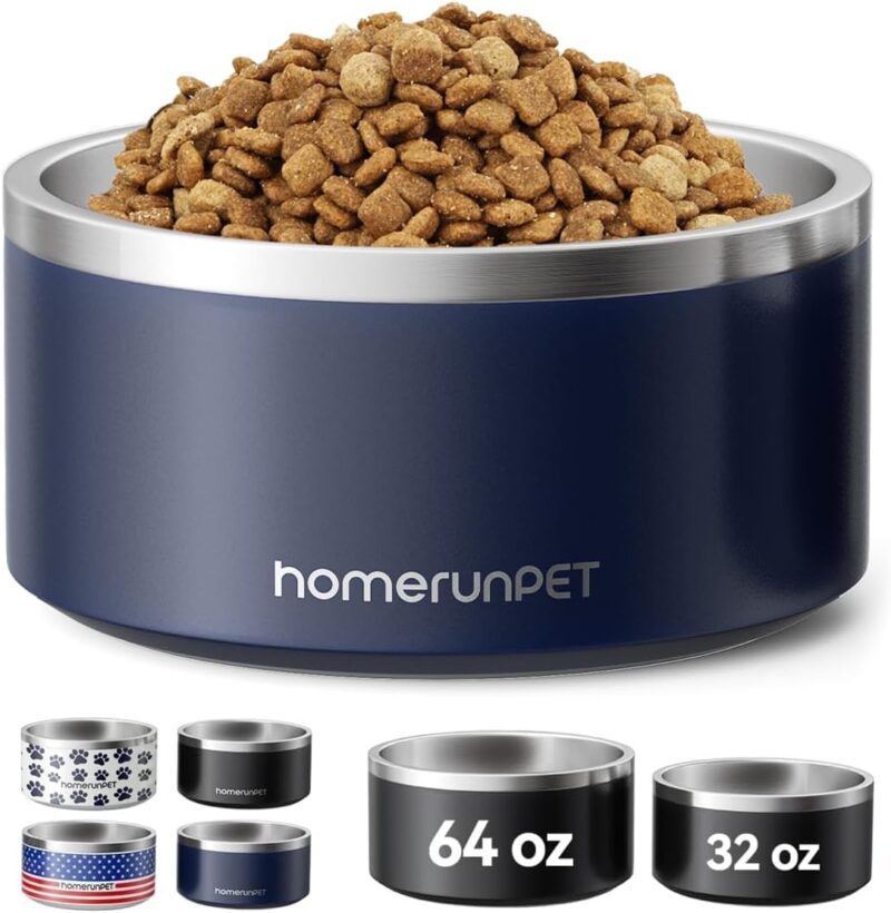 Dog Bowl, HomeRunPet Dog Food Water Bowl with Non-Slip Rubber Base, Metal Insulated Stainless Steel Dog Bowls, Double Wall Dog Bowl for Small Medium Large Dogs, Durable, Dishwasher Safe, 32oz