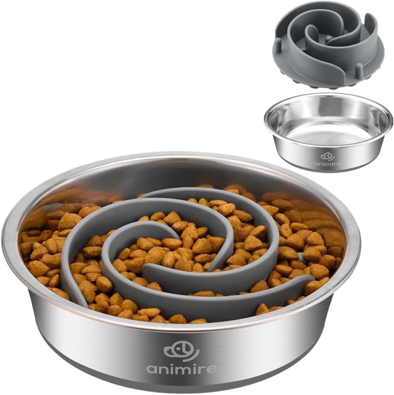 2-in-1 Metal Dog Bowl with Slow Feeder Insert, Stainless Steel Dog Bowls Food Grade 304, Water Food Bowl with Anti-Slip Silicone Base for Small, Medium, Large Dogs