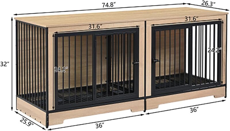 74.8 Inch Wooden Dog Kennels - Dog Crate Furniture with Two Combined Room, XL Large Double Dog Cage Furniture with Tray, for Medium Large Dogs, Wooden Dog Kennel Furniture - Image 2