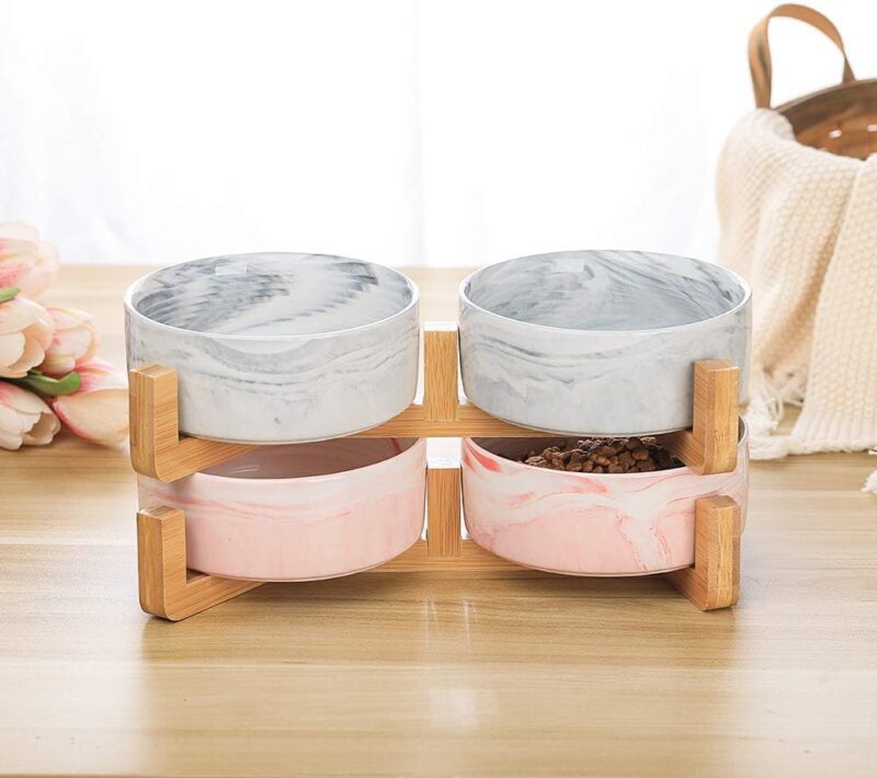 Marble Pink Ceramic Cat Dog Bowl Dish with Wood Stand No Spill Pet Food Water Feeder Cats Small Dogs Set of 2 - Image 7