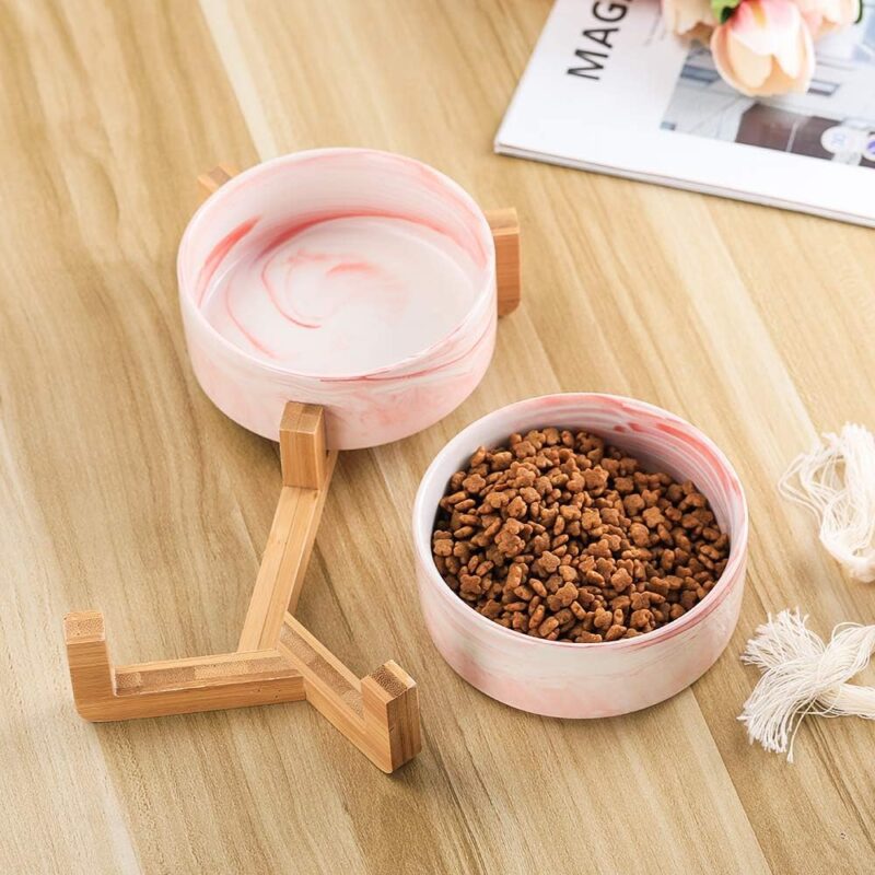 Marble Pink Ceramic Cat Dog Bowl Dish with Wood Stand No Spill Pet Food Water Feeder Cats Small Dogs Set of 2 - Image 4