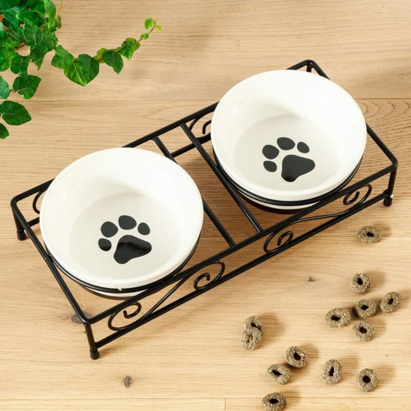 Navaris Ceramic Pet Bowl Set - Food Water Bowls for Cats, Small Dogs and Puppies with Non-Slip Retro Metal Stand - Set of Bowls, 10.8 oz Each - Image 6