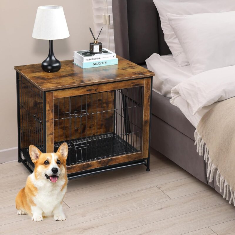 Dog Crate Furniture with Cushion, Wooden Dog Crate Table, Double Doors Dog Furniture, Indoor Dog Kennel, Dog House, Dog Cage, Rustic Brown - Image 9