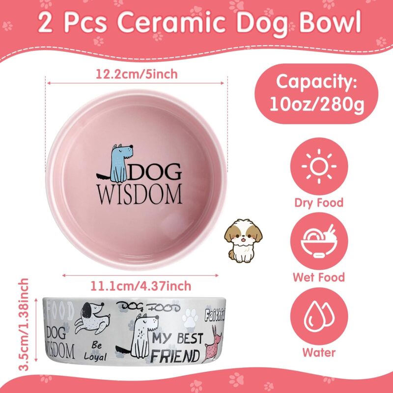 Maxcheck 2 Pcs 5 Inch Ceramic Dog Bowl Cartoon Pattern Cat Bowl Dog Food Bowls Cute Heavy Dog Water Bowl Durable Dog Dishes for Small Dogs Pets Feeding Travel, Dishwasher Safe and Microwave Safe - Image 2