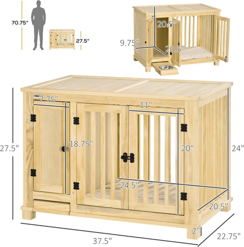 Wood Dog Crate End Table with Hidden Food Bowl, Dog Kennel Furniture with Cushion for Small Dogs Indoor Use - Image 7