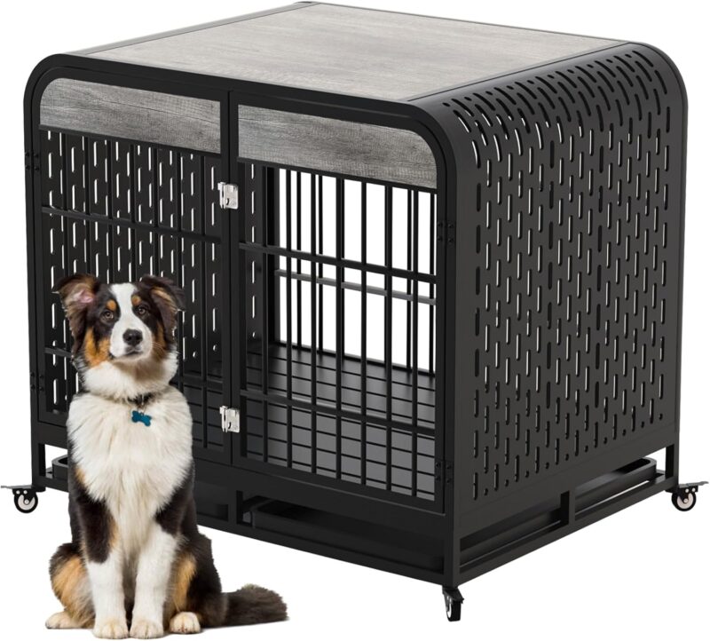 Large Dog Crate Furniture - Wooden Side Table & Pet Kennel with Removable Tray, Lockable Wheels for Medium and Large Dogs - 42" Grey