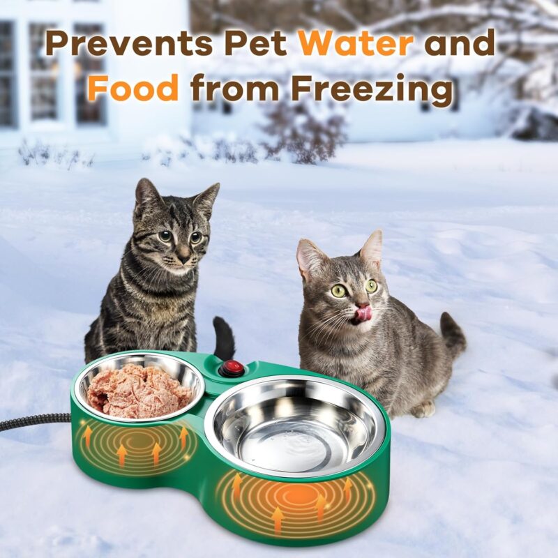 Heated Cat Bowl - KOKOPRO for Outdoor Heated Pet Bowl Stainless Steel Heated Water Bowls Food Warmer, Double Heated Pet Bowl for Feral Cat Feeding Station Provide Non Freezing Water in Winter (Green) - Image 2