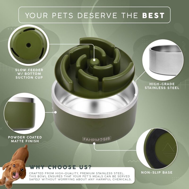 32 OZ Dog Bowl with Slow Feeder Insert, Stainless Steel Dog Bowls for Medium & Large Breed, Non Slip Dog Bowls & Plastic Slow Feeder Dog Bowls | Slow Feeder Insert and Dog Water Bowl - Army Green - Image 2