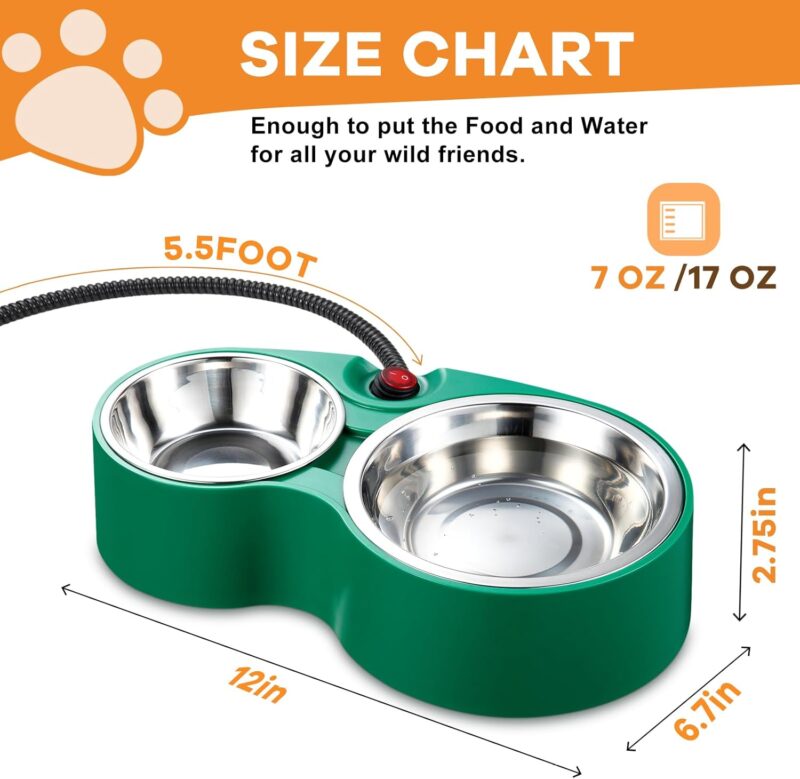 Heated Cat Bowl - KOKOPRO for Outdoor Heated Pet Bowl Stainless Steel Heated Water Bowls Food Warmer, Double Heated Pet Bowl for Feral Cat Feeding Station Provide Non Freezing Water in Winter (Green) - Image 7