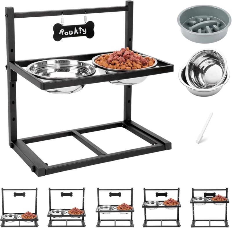 Elevated Dog Bowls with Slow Feeder Dog Bowls, 5 Height Adjustable Raised Dog Bowl Stand with 2 Stainless Steel Dog Food & Water Bowls, Dog Bowl Elevated for Medium Large Dogs