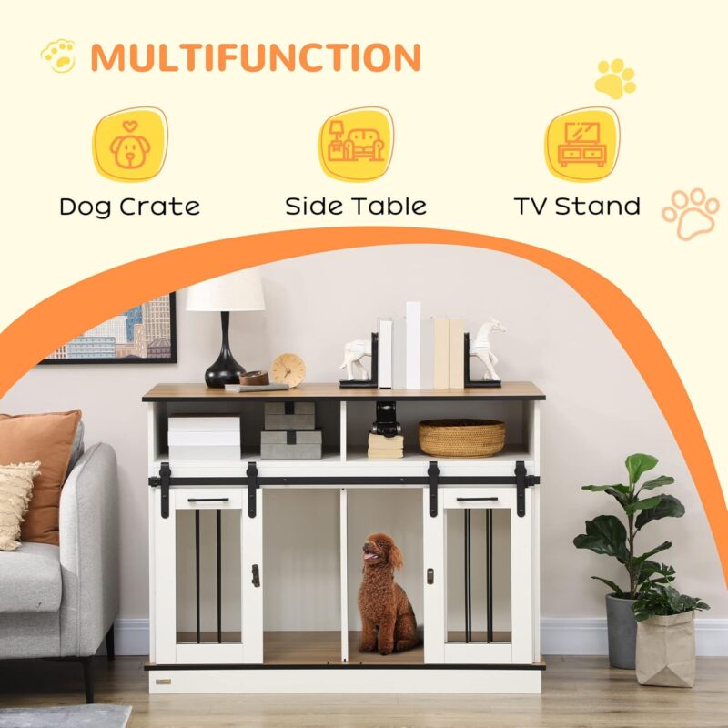 Kaimei Double Dog Crate Furniture with Divider - Pet Crate Table with Sliding Doors & Shelves for Large or Small Dogs - Modern White - Image 4