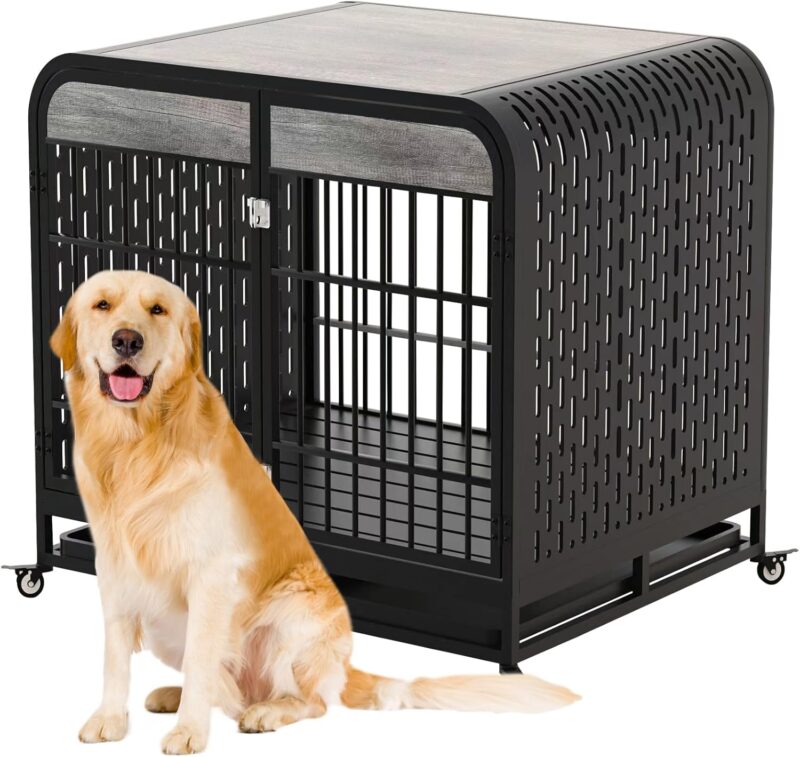 Large Dog Crate Furniture - Wooden Side Table & Pet Kennel with Removable Tray, Lockable Wheels for Medium and Large Dogs - 42" Grey - Image 4