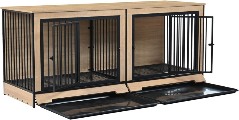 Dog Crate Furniture with Two Combined Room, Large Double Dog Cage Furniture with Tray for Medium Large Dogs, Wooden Dog Kennel Furniture - Image 5