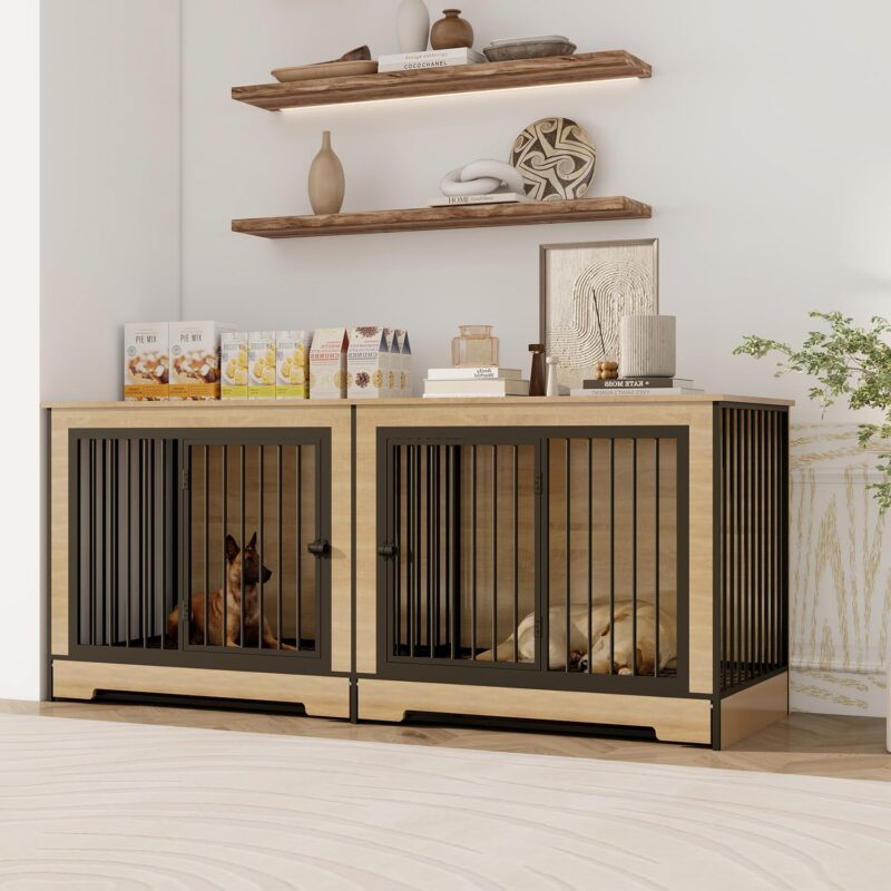 Dog Crate Furniture with Two Combined Room, Large Double Dog Cage Furniture with Tray for Medium Large Dogs, Wooden Dog Kennel Furniture - Image 3