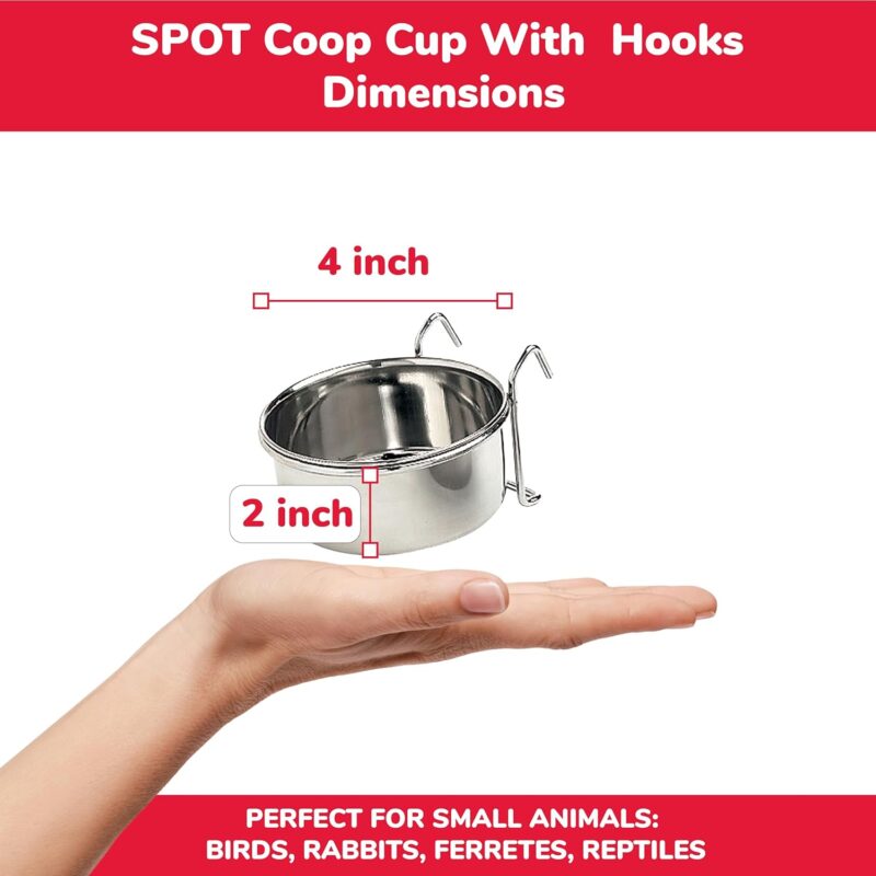 SPOT Stainless Steel Coop Cup with Wire Hooks – Durable, Chew-Resistant Food Bowl for Cages and Crates, Ideal for Feeding Birds, Parrots, Rabbits, Ferrets, and Reptiles, 10oz (1-1/4 Cups) - Image 4