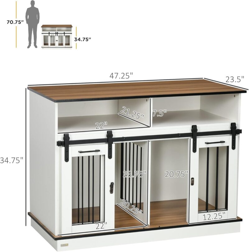 Kaimei Double Dog Crate Furniture with Divider - Pet Crate Table with Sliding Doors & Shelves for Large or Small Dogs - Modern White - Image 3