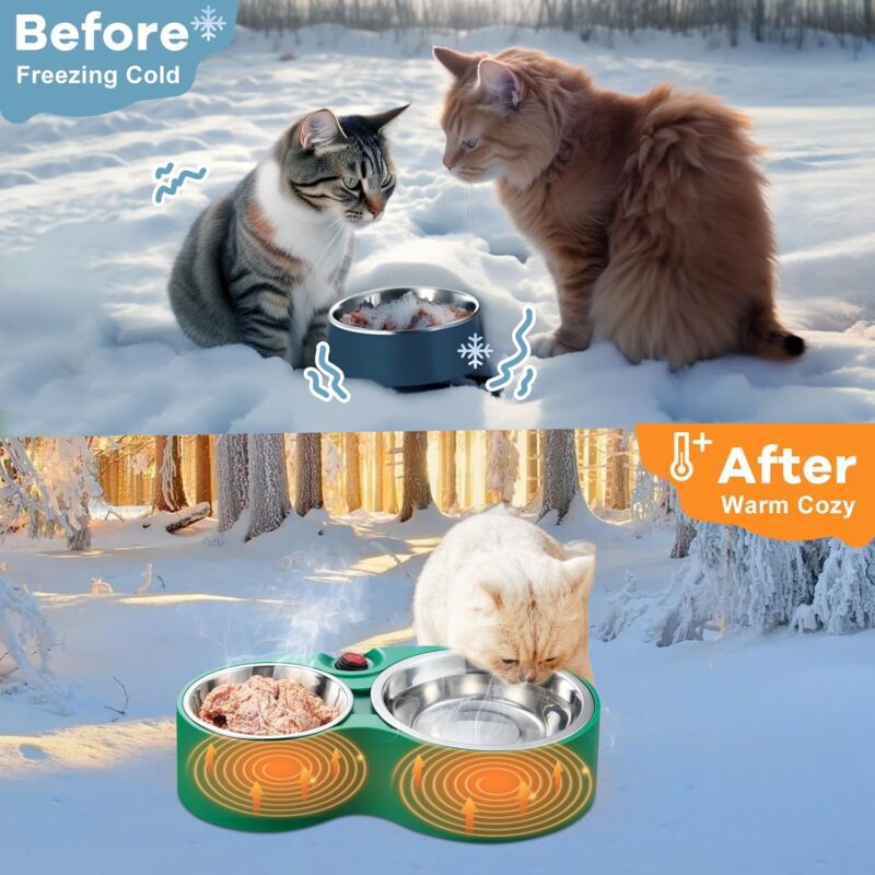 Heated Cat Bowl - KOKOPRO for Outdoor Heated Pet Bowl Stainless Steel Heated Water Bowls Food Warmer, Double Heated Pet Bowl for Feral Cat Feeding Station Provide Non Freezing Water in Winter (Green) - Image 3