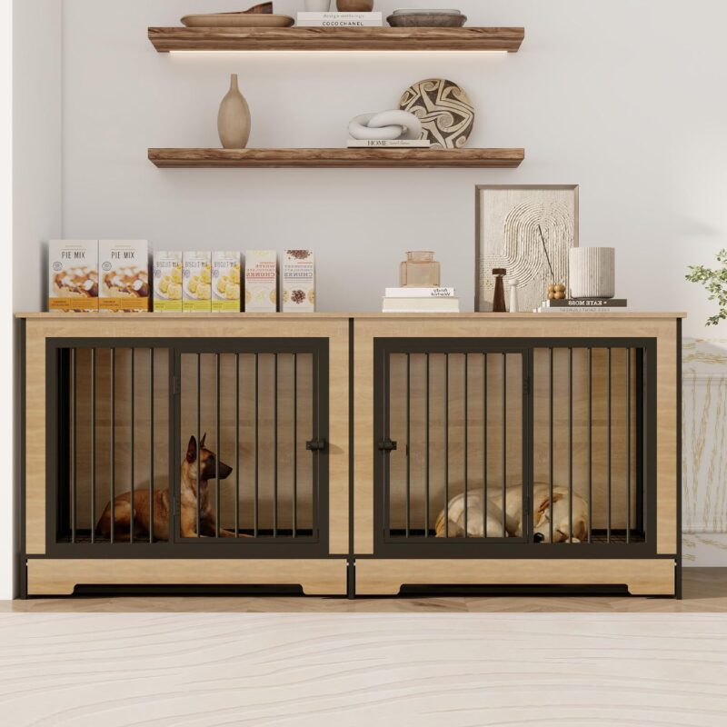 Dog Crate Furniture with Two Combined Room, Large Double Dog Cage Furniture with Tray for Medium Large Dogs, Wooden Dog Kennel Furniture - Image 2