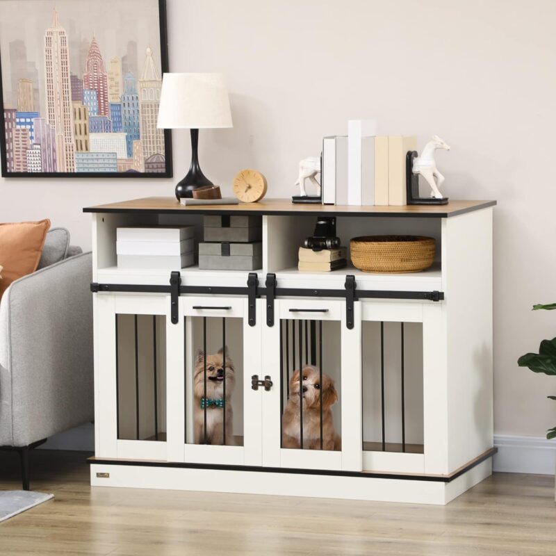 Kaimei Double Dog Crate Furniture with Divider - Pet Crate Table with Sliding Doors & Shelves for Large or Small Dogs - Modern White - Image 2