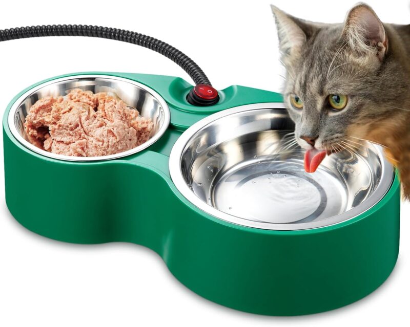 Heated Cat Bowl - KOKOPRO for Outdoor Heated Pet Bowl Stainless Steel Heated Water Bowls Food Warmer, Double Heated Pet Bowl for Feral Cat Feeding Station Provide Non Freezing Water in Winter (Green)