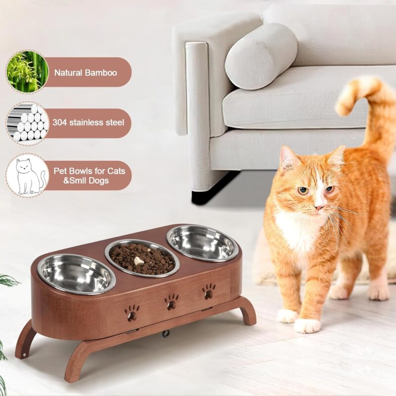 handrong Elevated Cat Bowls,Cat Food Bowls,Tilted Pet Bowl,Bamboo Raised Cat Bowl,Adjustbale Cat Feeding Bowls Pet Feeder with Stand 3 Stainless Steel Bowls for Cats Small Dogs - Image 5