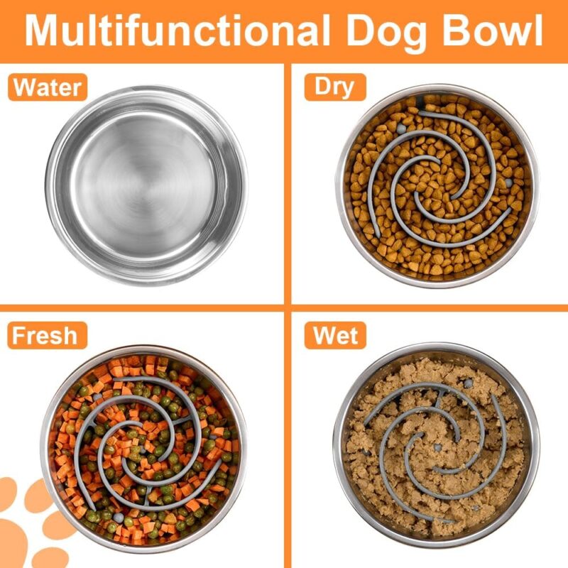 2-in-1 Metal Dog Bowl with Slow Feeder Insert, Stainless Steel Dog Bowls Food Grade 304, Water Food Bowl with Anti-Slip Silicone Base for Small, Medium, Large Dogs - Image 7