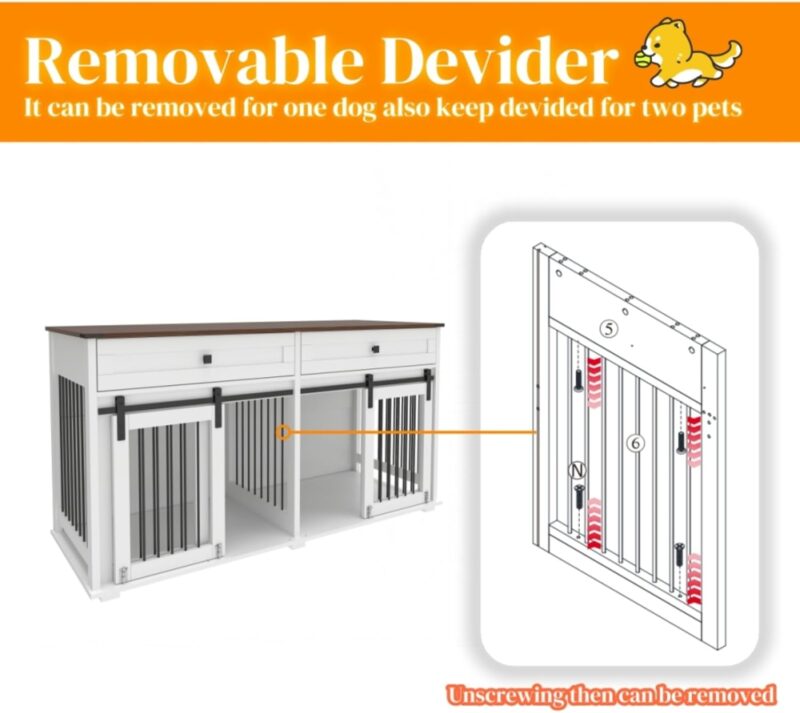 63'' Large Dog Crate Furniture for Double Dogs, Wooden Dog Kennel with 2 Drawers, Divider, Sliding Doors, Water-Resistant MDF Construction, Removable Divider for Large Dogs - Image 5