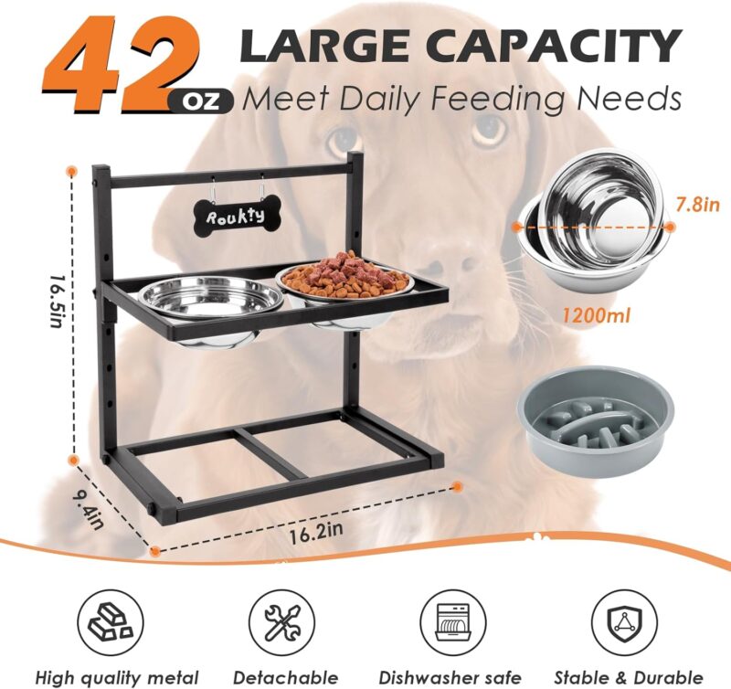 Elevated Dog Bowls with Slow Feeder Dog Bowls, 5 Height Adjustable Raised Dog Bowl Stand with 2 Stainless Steel Dog Food & Water Bowls, Dog Bowl Elevated for Medium Large Dogs - Image 5