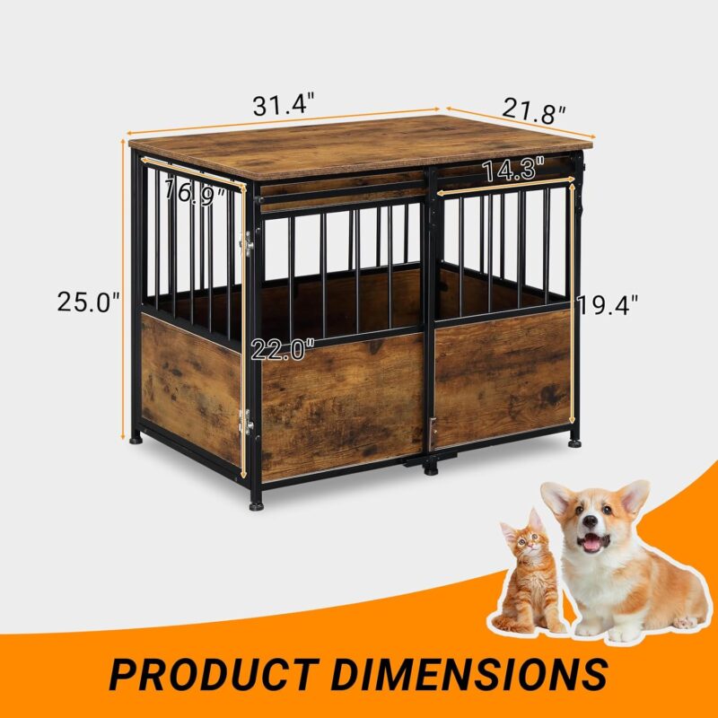 Dog Crate Furniture with Cushion for Large Medium Dogs, Wooden Heavy Duty Dog Kennel with Double Doors, Decorative Pet House Dog Cage Side End Table Indoor, Sliding Door, Rustic Brown - Image 4