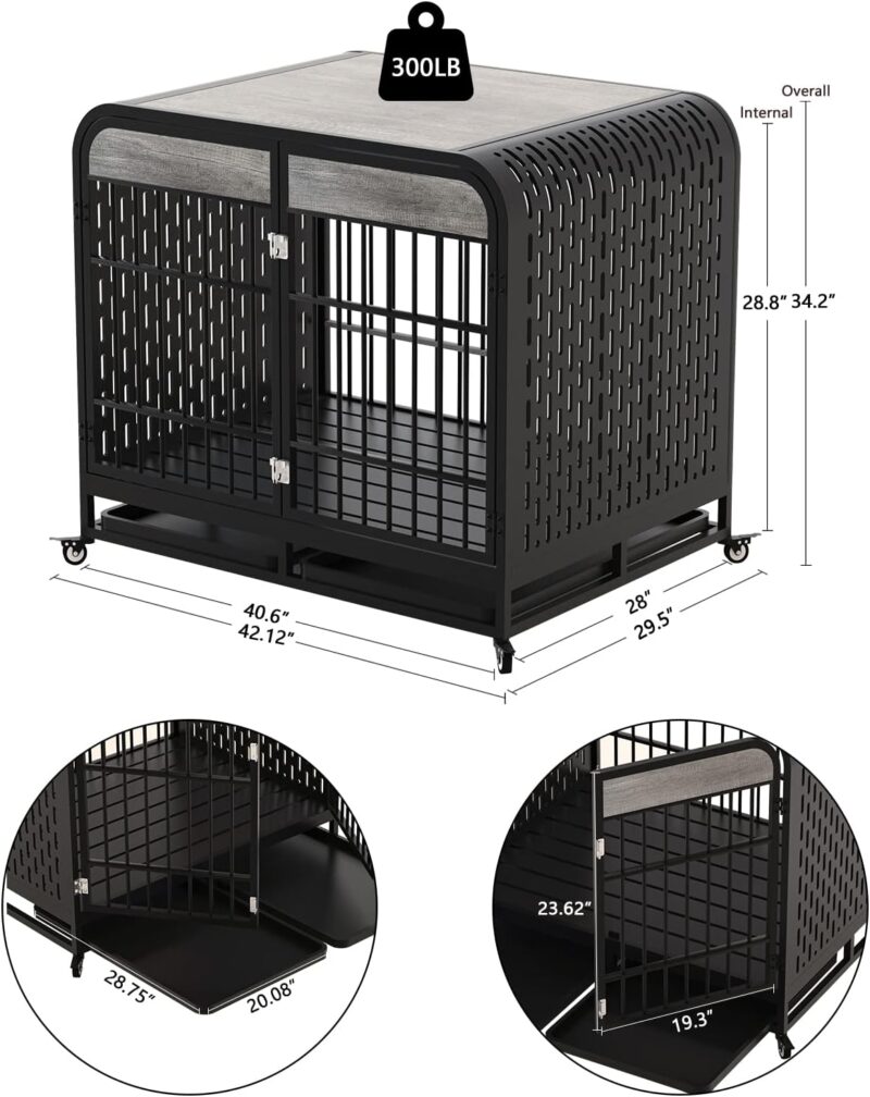 Large Dog Crate Furniture - Wooden Side Table & Pet Kennel with Removable Tray, Lockable Wheels for Medium and Large Dogs - 42" Grey - Image 5