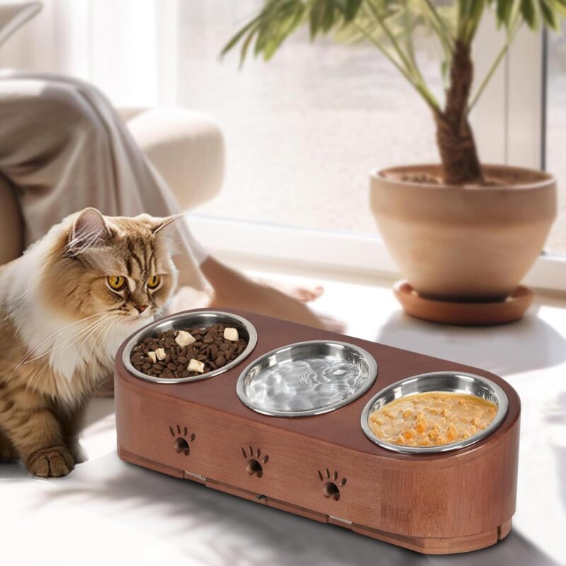 handrong Elevated Cat Bowls,Cat Food Bowls,Tilted Pet Bowl,Bamboo Raised Cat Bowl,Adjustbale Cat Feeding Bowls Pet Feeder with Stand 3 Stainless Steel Bowls for Cats Small Dogs - Image 4