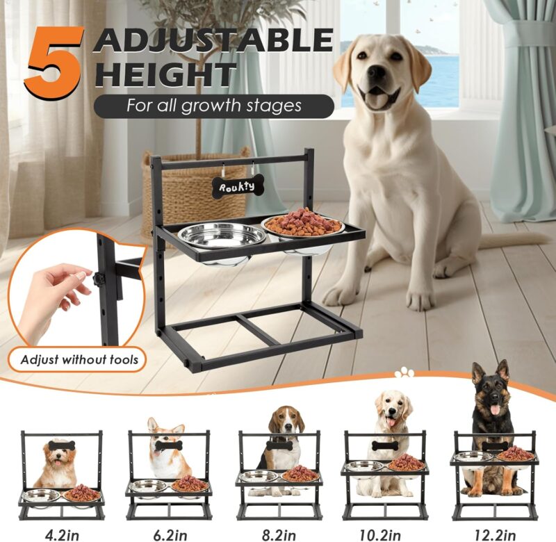 Elevated Dog Bowls with Slow Feeder Dog Bowls, 5 Height Adjustable Raised Dog Bowl Stand with 2 Stainless Steel Dog Food & Water Bowls, Dog Bowl Elevated for Medium Large Dogs - Image 3