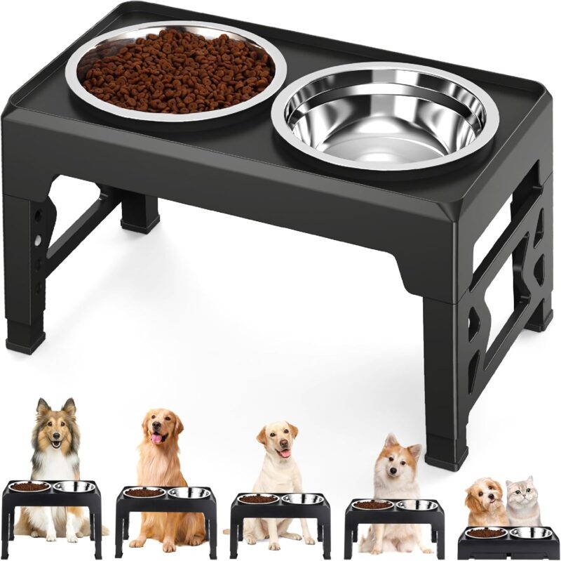 Elevated Dog Bowls, with 2 Stainless Steel Dog Food Bowls 5 Heights Adjustable Raised Dog Bowl Stand Non-Slip Dog Dish Feeder Adjusts to 3.5", 9", 10", 11", 12.25" Tall for Medium Large Dogs