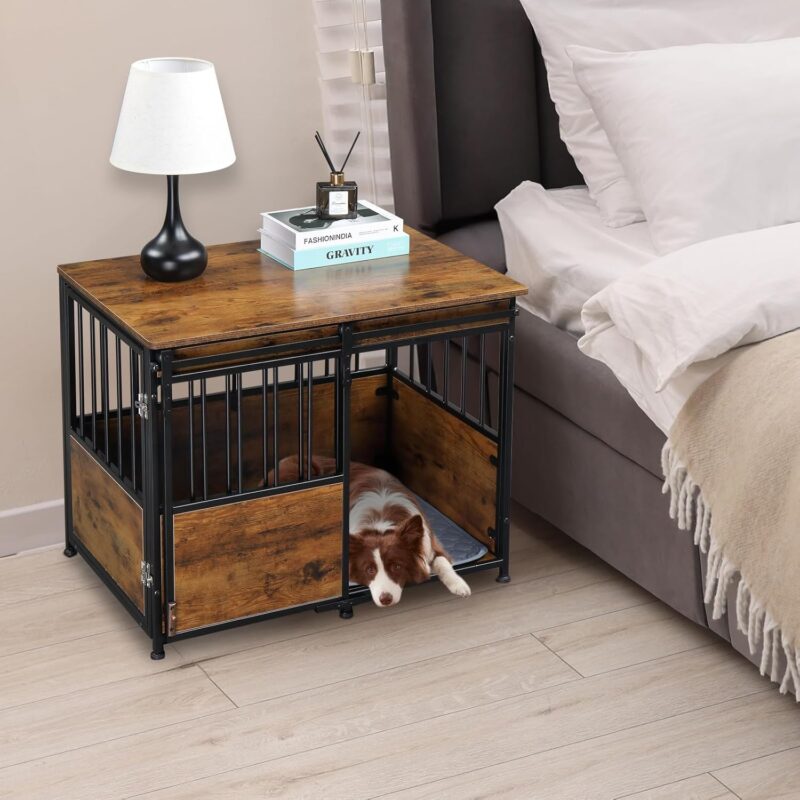 Dog Crate Furniture with Cushion for Large Medium Dogs, Wooden Heavy Duty Dog Kennel with Double Doors, Decorative Pet House Dog Cage Side End Table Indoor, Sliding Door, Rustic Brown - Image 8