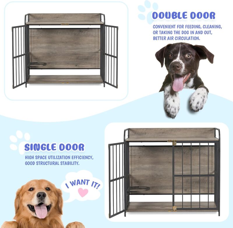 39'' Indoor Metal Dog Crate with Double Doors, Wooden Side End Table Crate, Dog Crate Furniture with Adjustable Feeder Stand, for Medium Dog, Gray - Image 4